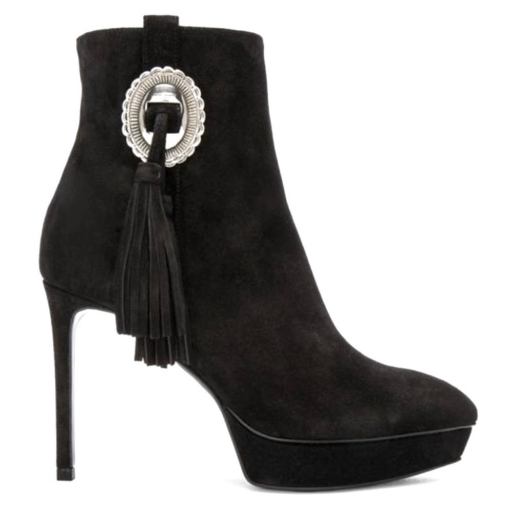Saint Laurent Janis Concho Ankle Boots Size 37 Black Suede Platform Tassel - Picture 1 of 12